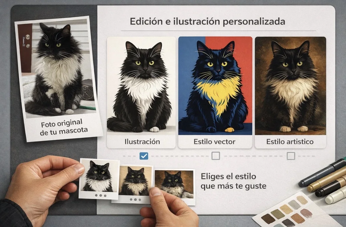 Ejemplo: una misma foto editada en tres estilos: ilustración, vector y artístico