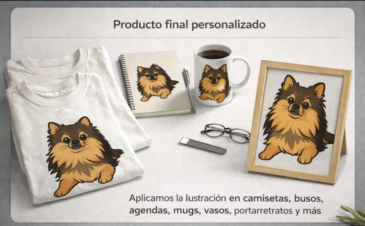 Ejemplo: la ilustración de una mascota aplicada en camisetas, agenda, mug y portarretratos